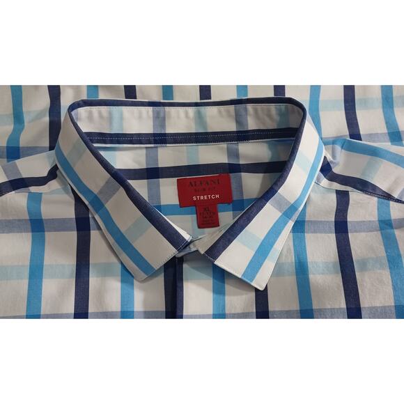 Alfani Slim Fit Stretch XL 17- 17.5 / 34-35 Men's Button Up Blue White Plaid - Picture 4 of 13